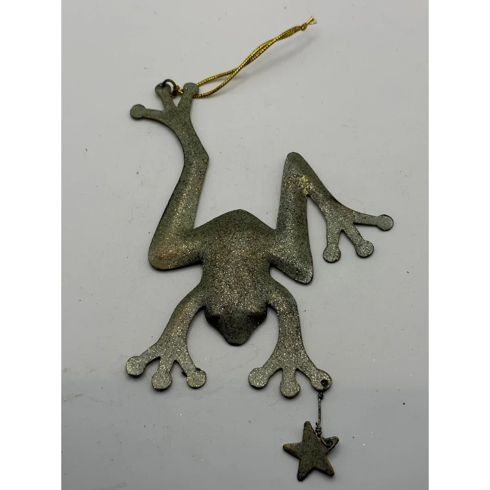 Vintage Metal Frog Ornament with Dangling Star Charm Gold Glitter Finish Green
